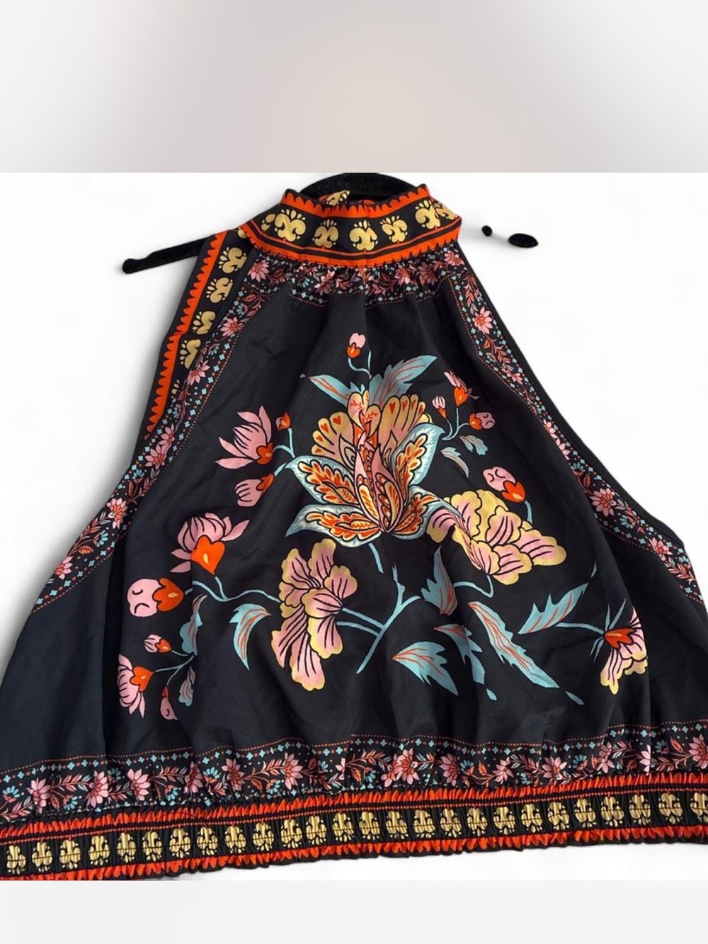 SHEIN Black Floral Halter Crop Top with Pink & Orange Accents